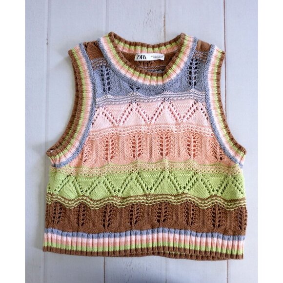 Zara Multi-Colored Crochet Knit Sweater Vest w/ Striped Trim - Size S - Picture 2 of 6